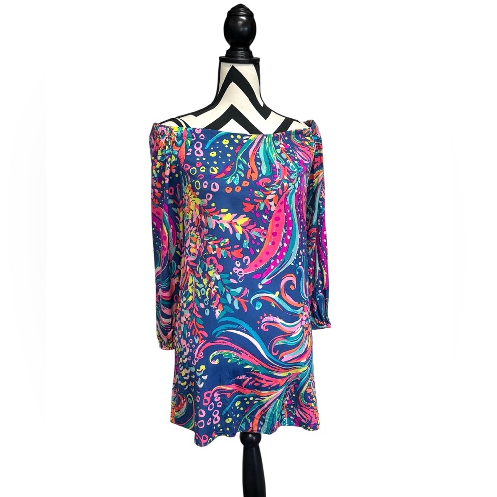 Lilly Pulitzer Adira Off Shoulder Colorful Long Sleeve Silk Dress Size XS
